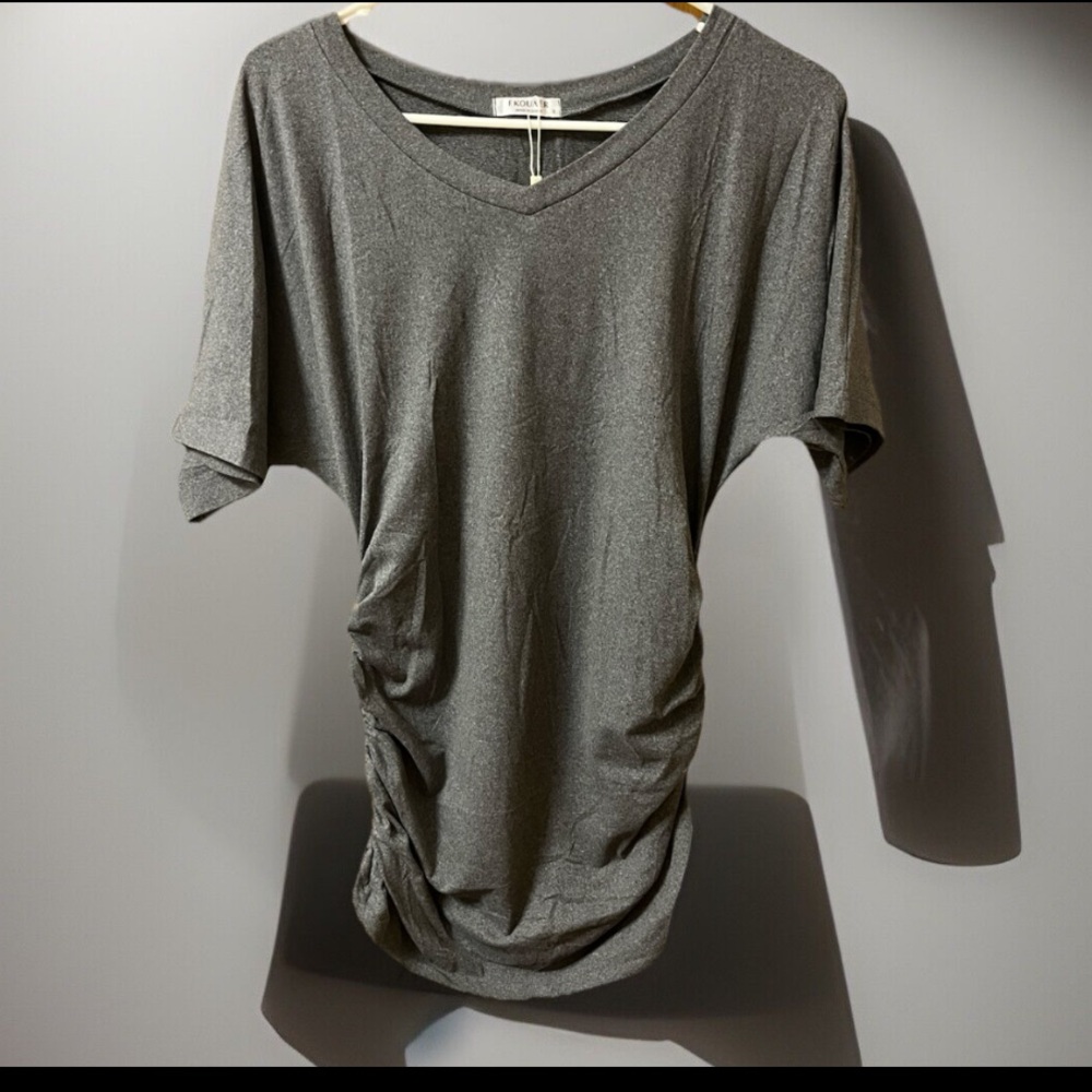 Pk of 2, Maternity Tops Ruched Sides Blue & Gray V-neck W/Dolman Sleeve T-Shirt
